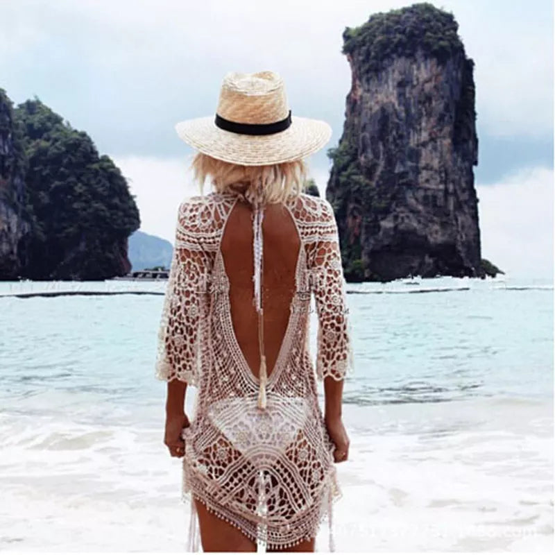 Swimwear Cover Up Women White Lace Tunic Beach Dress Clothing Backless Bathing Suit Crochet Bikini Swimming Beach Wear