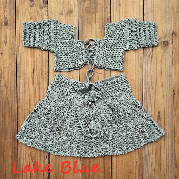 Hand Crochet Florens Skirt Women Swimwear Sexy Beach Bikini cover up Skirt Boho Style elastic waistband tassels