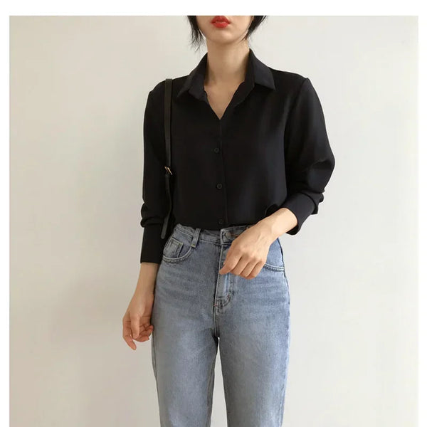 New Women Shirt Classic Chiffon Blouse Female S-4XL Office Lady Loose Long Sleeve Shirt Simple Style Tops Clothes Blusas 6830