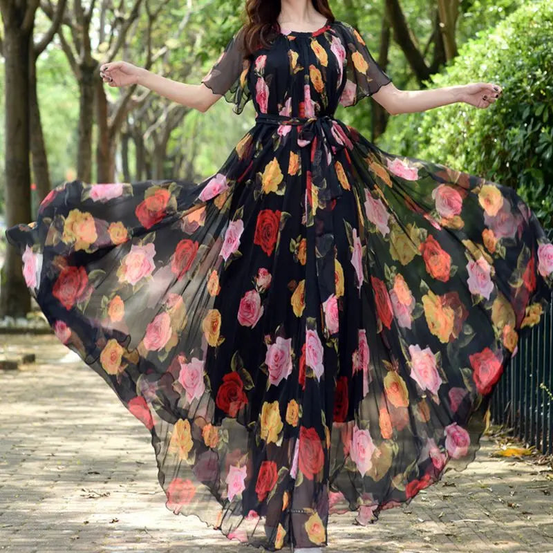 Summer Maxi Dress Women Flowers Print Holiday Floral Boho Beach Loose Evening Party Long Dress Chiffon OversizedRobe Vestidos