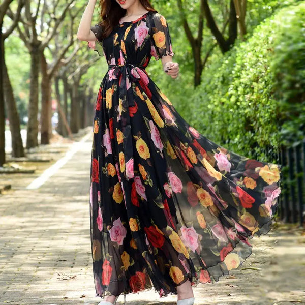 Summer Maxi Dress Women Flowers Print Holiday Floral Boho Beach Loose Evening Party Long Dress Chiffon OversizedRobe Vestidos