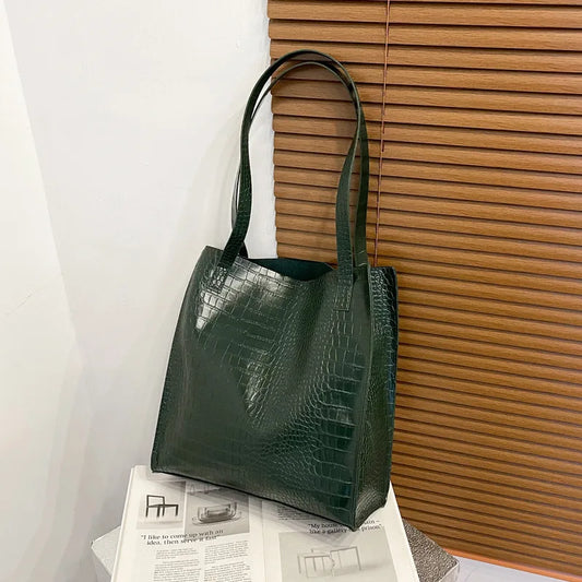 Women Bucket Bag Soft Leather Alligator Pattern Handbag Large Capacity Casual Tote Black Shopping Bags for Ladies Girls Book Bag