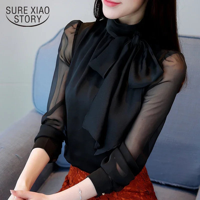 2023 nuova moda estiva tunica camicetta da donna camicie manica lunga cravatta fiocco dolcevita in chiffon formale donna bianco nero camicie 0599 30