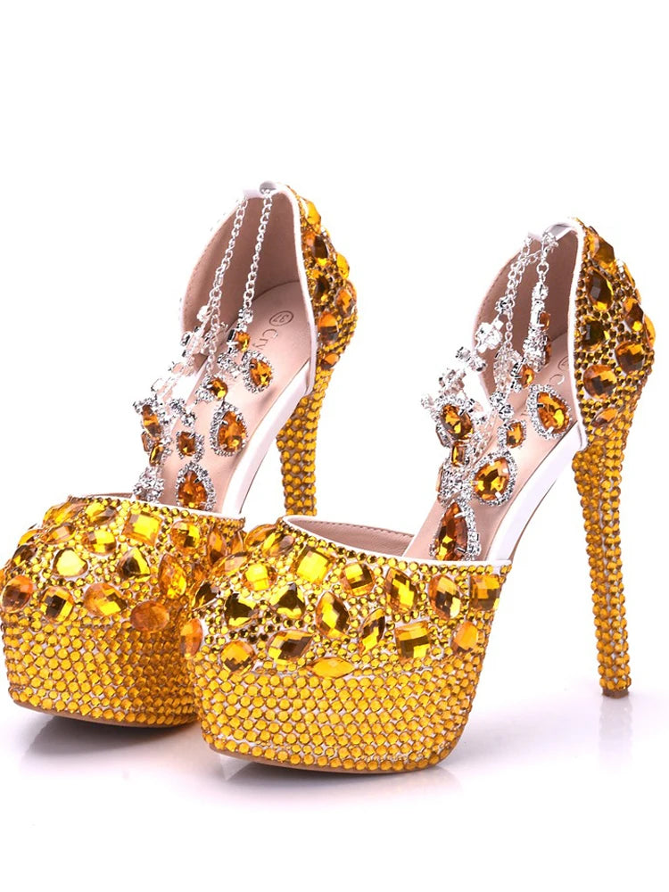 Scarpe da sposa con strass dorati Scarpe da donna Sandali con tacco alto in cristallo pieno di diamanti Piattaforma impermeabile con sandali