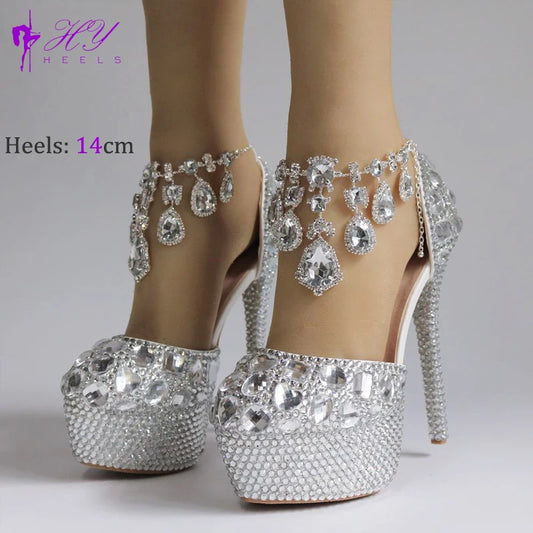 Golden Rhinestone Wedding Shoes Women's Shoes Full Diamond Crystal High Heeled Sandals Waterproof Platform With Sandals