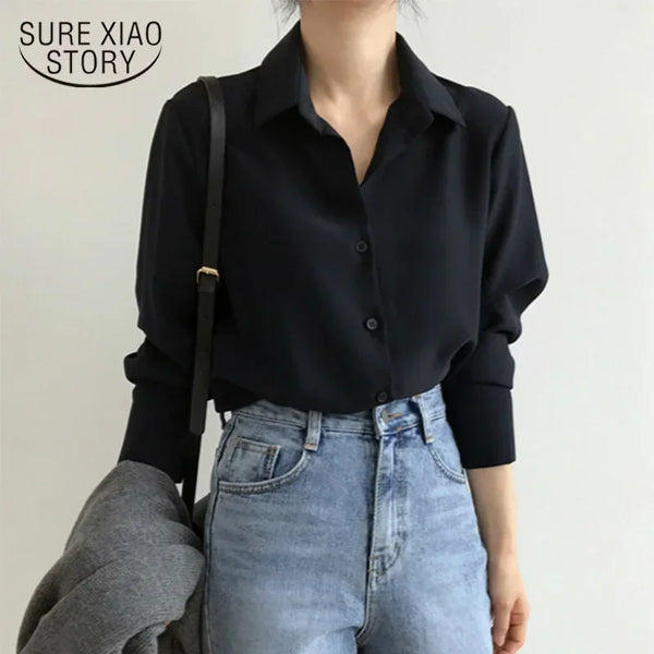 New Women Shirt Classic Chiffon Blouse Female S-4XL Office Lady Loose Long Sleeve Shirt Simple Style Tops Clothes Blusas 6830