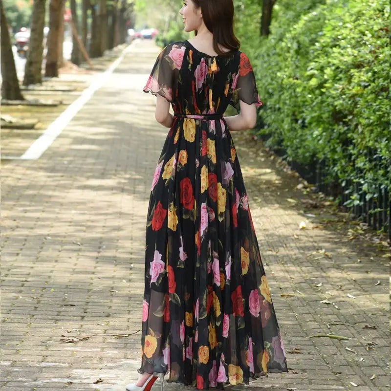 Summer Maxi Dress Women Flowers Print Holiday Floral Boho Beach Loose Evening Party Long Dress Chiffon OversizedRobe Vestidos