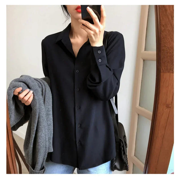 New Women Shirt Classic Chiffon Blouse Female S-4XL Office Lady Loose Long Sleeve Shirt Simple Style Tops Clothes Blusas 6830