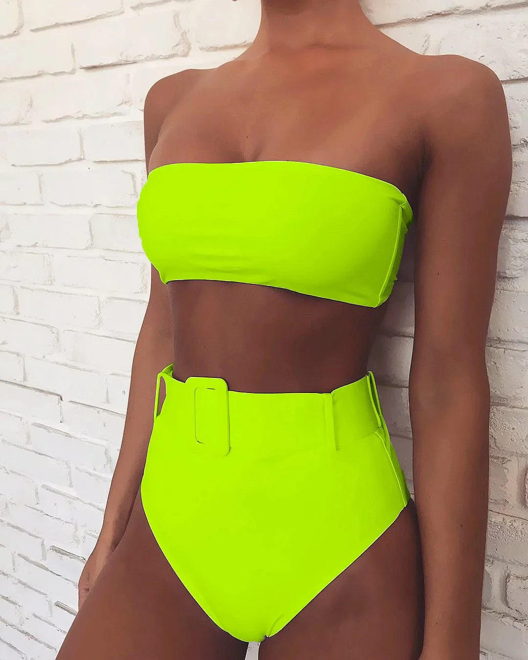 2023 Costume da bagno Donna Neon Green Senza spalline Bikini a vita alta Costume da bagno da spiaggia Fibbia in vita Costumi da bagno Maillot De Bain Femme XMB10