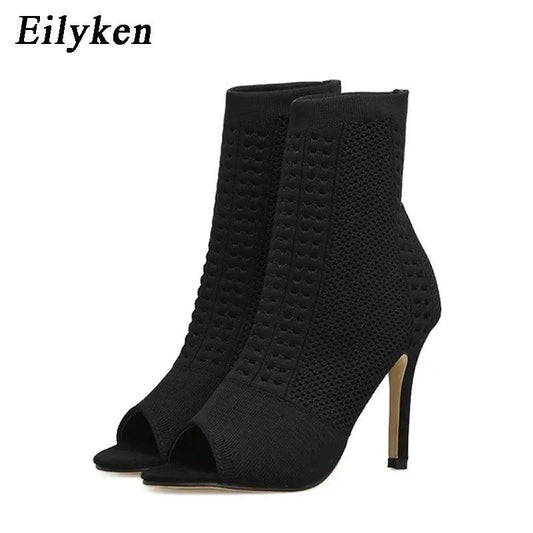 Eilyken Green Knitting Elastic Womens Sock Ankle Boots Open Toe High Heels Fashion Ladies Pumps Pole Dancing Shoes Size 42