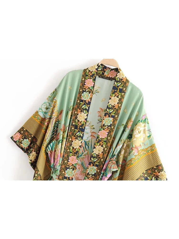 Peacock Floral Print Bat Sleeve Beach Bohemian Kimono Robe for Women Ladies Beachwear Summer Dress Bikini Boho Cover-ups