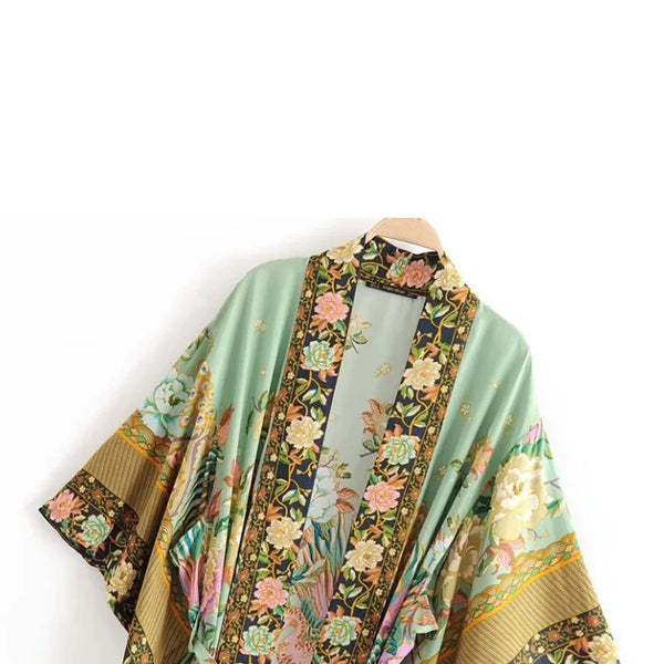 Peacock Floral Print Bat Sleeve Beach Bohemian Kimono Robe for Women Ladies Beachwear Summer Dress Bikini Boho Cover-ups