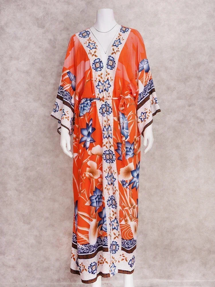 2023 Bohemian stampato Summer Beach Wear Bikini Wrap Dress Tunica Summer Women Costume da bagno Cover-up Kimono Cardigan Q996