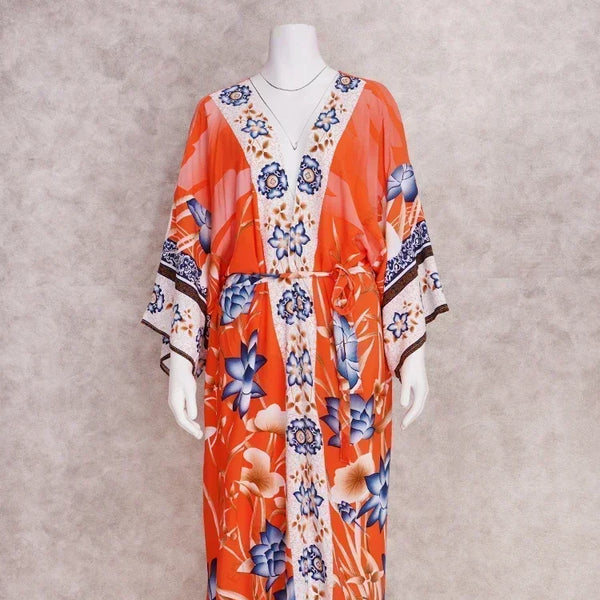 2023 Bohemian Printed Summer Beach Wear Bikini Wrap Dress Tunic Summer Women Swimsuit Cover-ups Kimono Cardigan Q996
