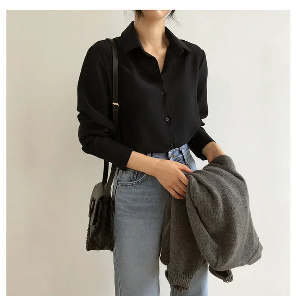 New Women Shirt Classic Chiffon Blouse Female S-4XL Office Lady Loose Long Sleeve Shirt Simple Style Tops Clothes Blusas 6830