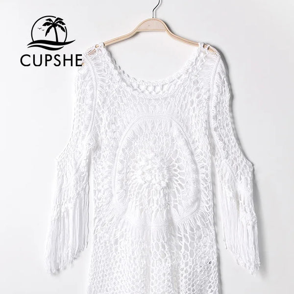 CUPSHE White Crochet Bikini Cover Up with Fringe Trim Women Sexy Hollow Tunic Beach Dress 2023 Summer Bathing Suit Beachwear