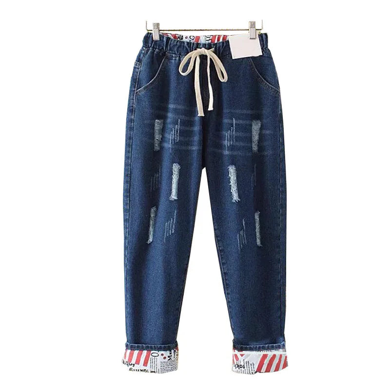 Vita alta elastica orlo fidanzato jeans harem strappati larghi mamma pantaloni di jeans larghi capri con risvolto azzurro alla caviglia