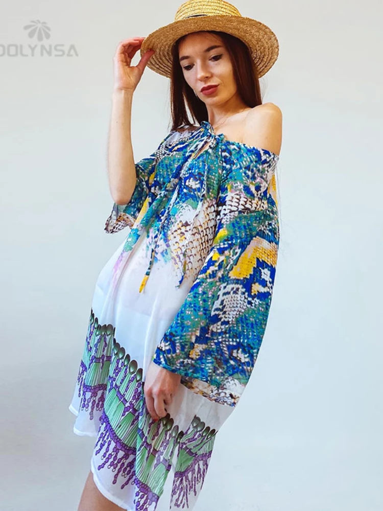 New Arrivals Beach Caftan Swimsuit Cover up Print Chiffon Pareo Women Robe Plage Swimwear Dress Sexy Sarong Beach Tunic #Q152