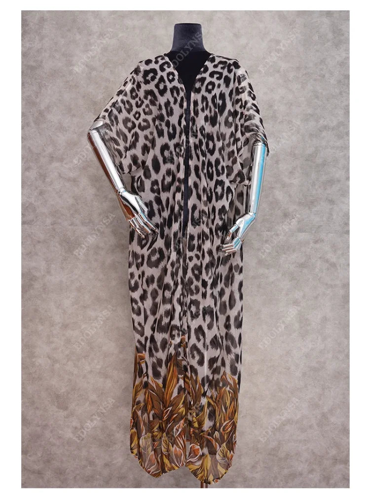 2023 Copricostume sexy bikini leopardato Bohemian stampato lungo Kimono Cardigan Tunica in chiffon Abbigliamento da spiaggia per donna Costume da bagno Cover Up Q951
