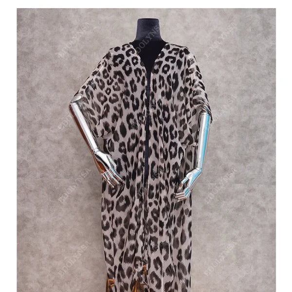 2023 Copricostume sexy bikini leopardato Bohemian stampato lungo Kimono Cardigan Tunica in chiffon Abbigliamento da spiaggia per donna Costume da bagno Cover Up Q951