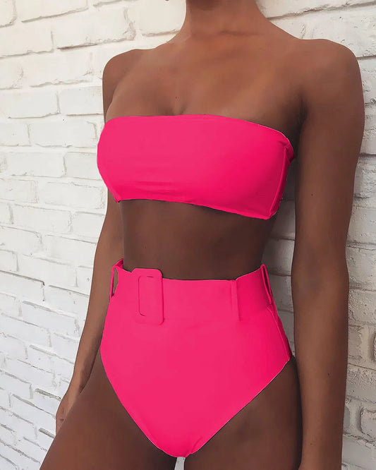 2023 Swimsuit Women Neon Green Strapless High Waist Bikini Beach Bathing Suit Waist Buckle Swimwear Maillot De Bain Femme XMB10