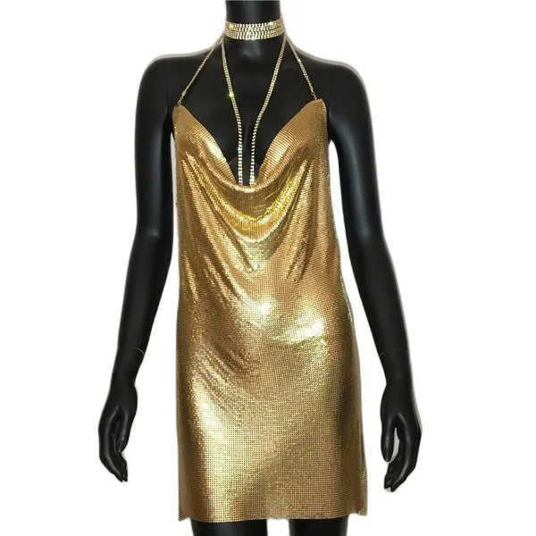 AKYZO Mini abito patchwork con paillettes oro sexy donna senza maniche catene di metallo a taglio basso Halter Slim affascinante abiti da festa da discoteca