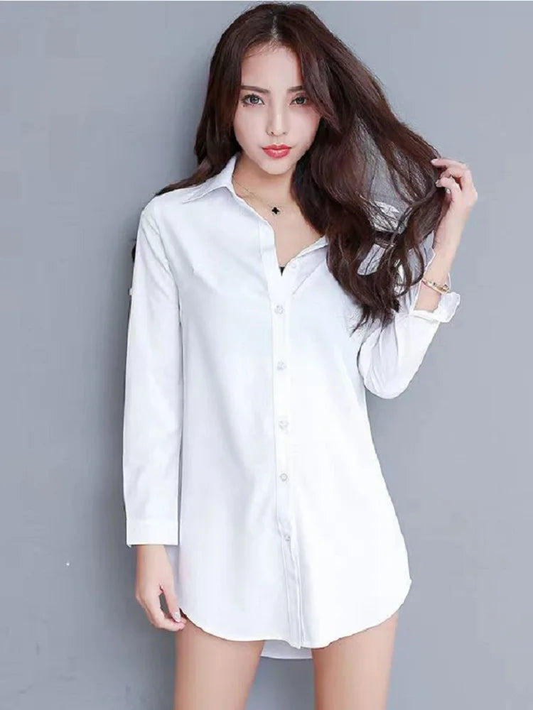 My NewIn 4XL 5XL Women Blouse Shirt Long Sleeve White Solid Loose Long Version Casual Tops