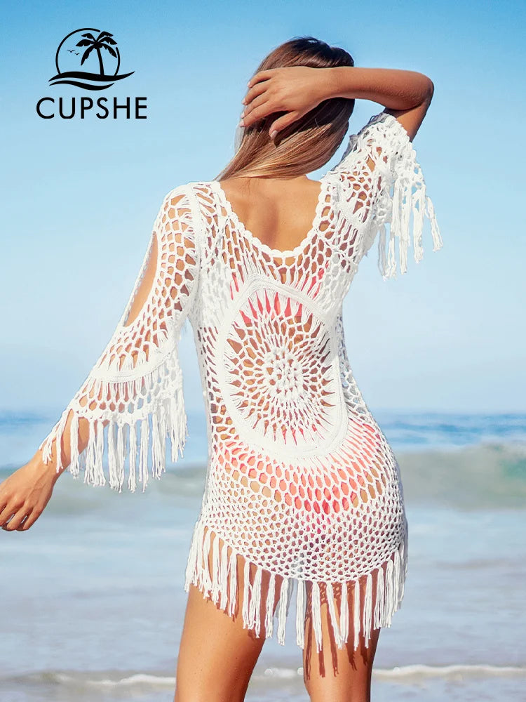 CUPSHE White Crochet Bikini Cover Up with Fringe Trim Women Sexy Hollow Tunic Beach Dress 2023 Summer Bathing Suit Beachwear