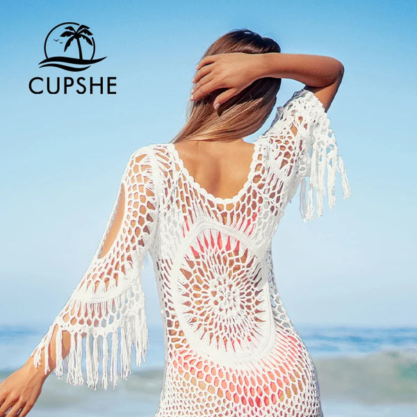 CUPSHE Copricostume bikini all'uncinetto bianco con frange Trim Abito da spiaggia a tunica cava sexy da donna 2023 Costume da bagno estivo Beachwear