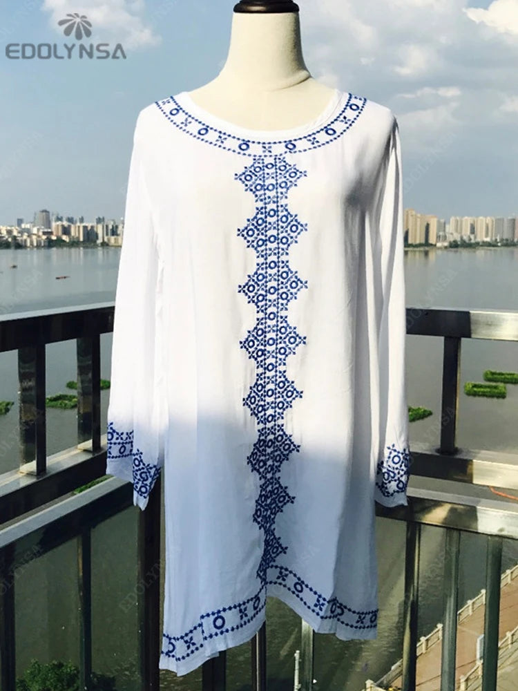 New Arrivals Beach Cover up Embroidery Rayon Swimwear Ladies Tunics For Beach Kaftan Dress Beachwear Bathing Suit Cover ups #Q71