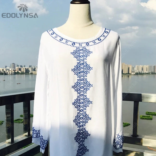 New Arrivals Beach Cover up Embroidery Rayon Swimwear Ladies Tunics For Beach Kaftan Dress Beachwear Bathing Suit Cover ups #Q71