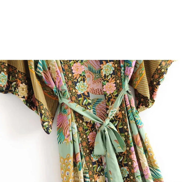 Peacock Floral Print Bat Sleeve Beach Bohemian Kimono Robe for Women Ladies Beachwear Summer Dress Bikini Boho Cover-ups