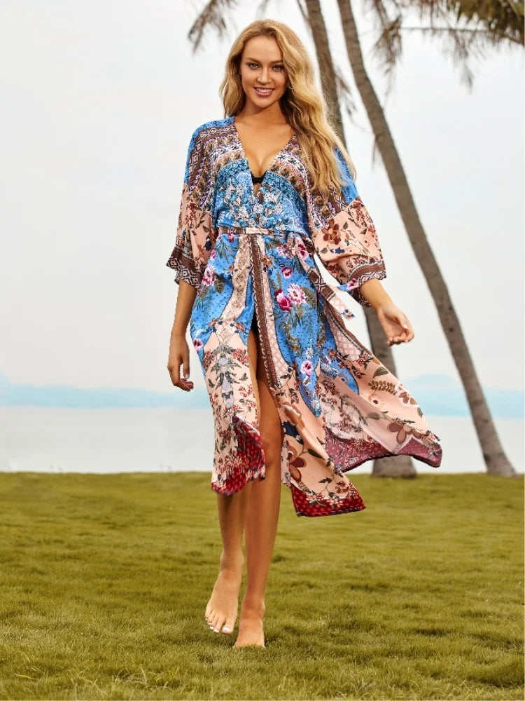 2023 Bohemian Printed Summer Beach Wear Bikini Wrap Dress Tunic Summer Women Swimsuit Cover-ups Kimono Cardigan Q996