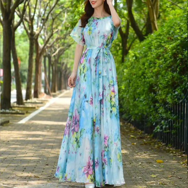 Summer Maxi Dress Women Flowers Print Holiday Floral Boho Beach Loose Evening Party Long Dress Chiffon OversizedRobe Vestidos