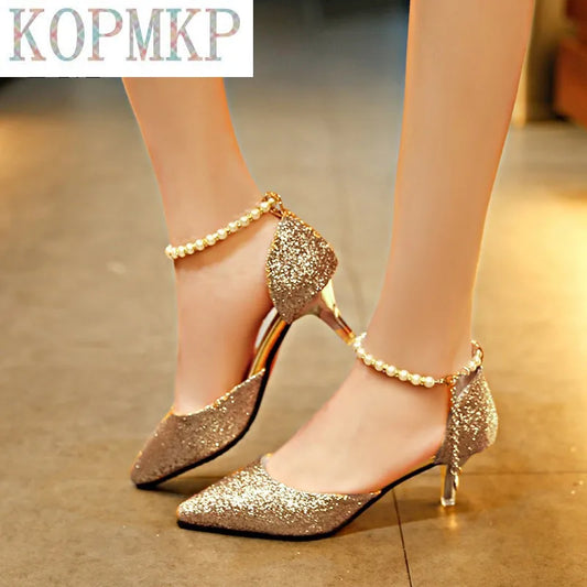 Scarpe con tacco alto con perle sexy a punta Scarpe moda femminile vuote con sandali Paillette delle scarpe sottili e traspiranti Décolleté da donna