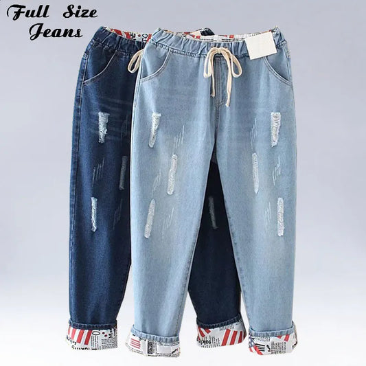 High Elastic Waist Hemming Boyfriend Loose Ripped Harem Jeans Mom Light Blue Cuffed Casual Ankle length Capris Baggy Denim Pants