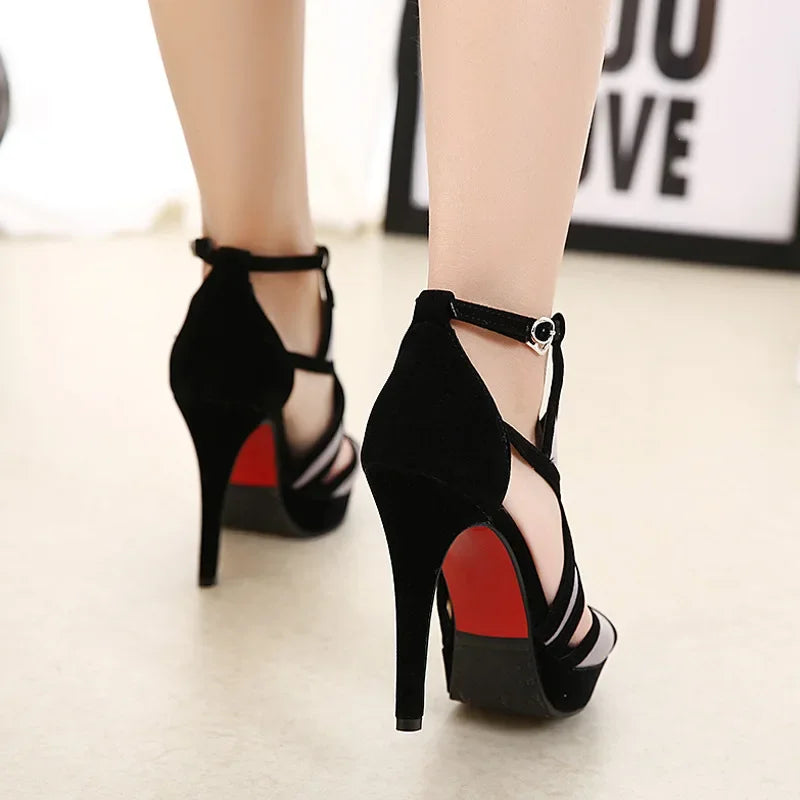 2023 European Station Sandals Flock Buckle Strap Color Matching Hollow Thin Heels 11CM Women Shoes