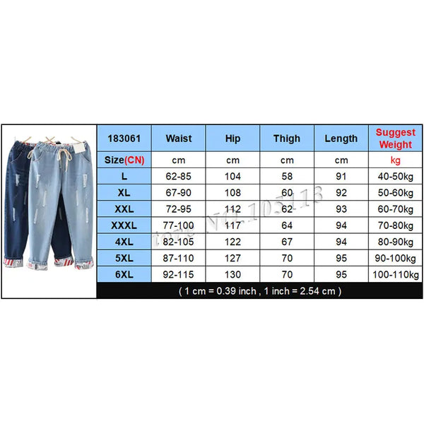 High Elastic Waist Hemming Boyfriend Loose Ripped Harem Jeans Mom Light Blue Cuffed Casual Ankle length Capris Baggy Denim Pants