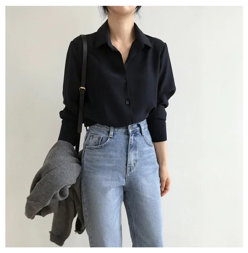 New Women Shirt Classic Chiffon Blouse Female S-4XL Office Lady Loose Long Sleeve Shirt Simple Style Tops Clothes Blusas 6830