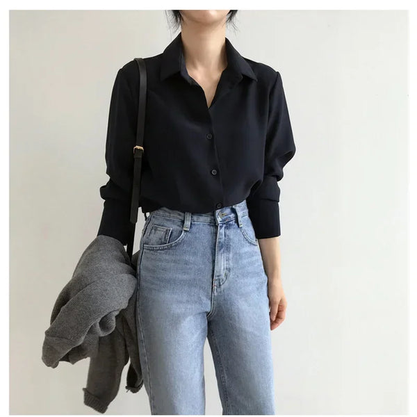 New Women Shirt Classic Chiffon Blouse Female S-4XL Office Lady Loose Long Sleeve Shirt Simple Style Tops Clothes Blusas 6830