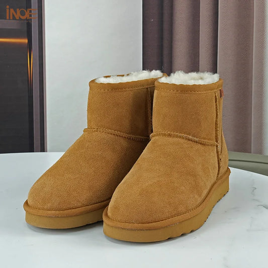 INOE Real Cow Suede Leather Cozy Ankle Ultra Mini Winter Snow Boots For Women Natural Wool Fur Lined Casual Short Warm Shoes