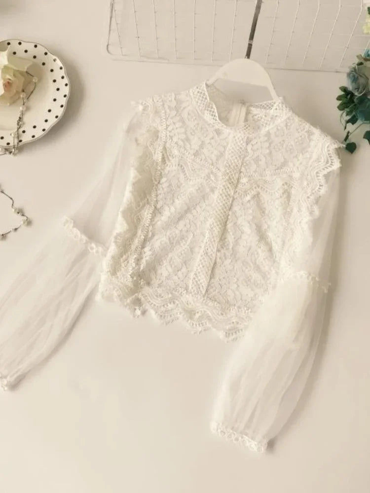 New Arrival Ladies Mesh Lace Hook Flower Lantern Sleeve Loose Retro Short Pullover Blouse Shirts Women Fashion Cute Voile Suits