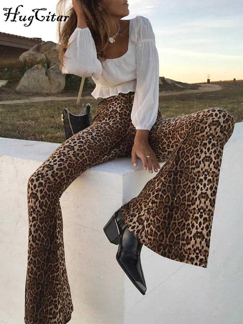 Leggings svasati con stampa leopardata a vita alta Hugcitar 2021 pantaloni aderenti sexy moda donna autunno inverno pantaloni Club