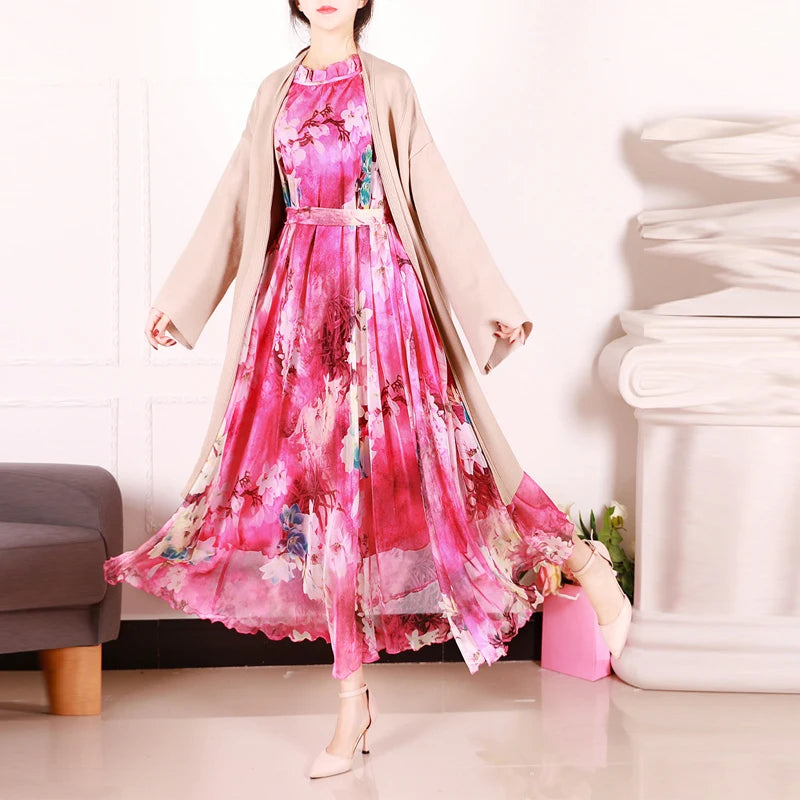 2024  Fresh Flowers Print Fashion Hijab Dresses Abayas Dubai Islamic Clothing Kaftan Turkey Robe muslim maxi dresses for women