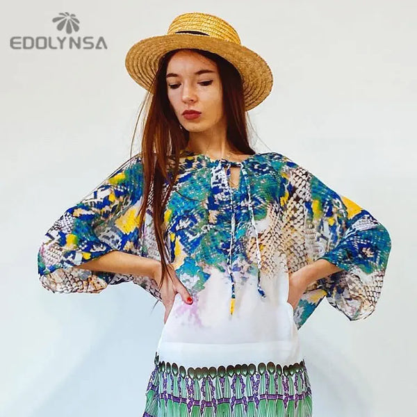 New Arrivals Beach Caftan Swimsuit Cover up Print Chiffon Pareo Women Robe Plage Swimwear Dress Sexy Sarong Beach Tunic #Q152