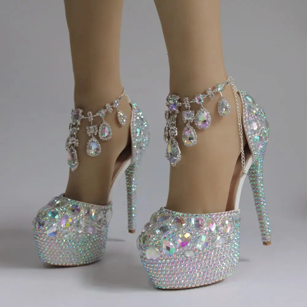 Scarpe da sposa con strass dorati Scarpe da donna Sandali con tacco alto in cristallo pieno di diamanti Piattaforma impermeabile con sandali