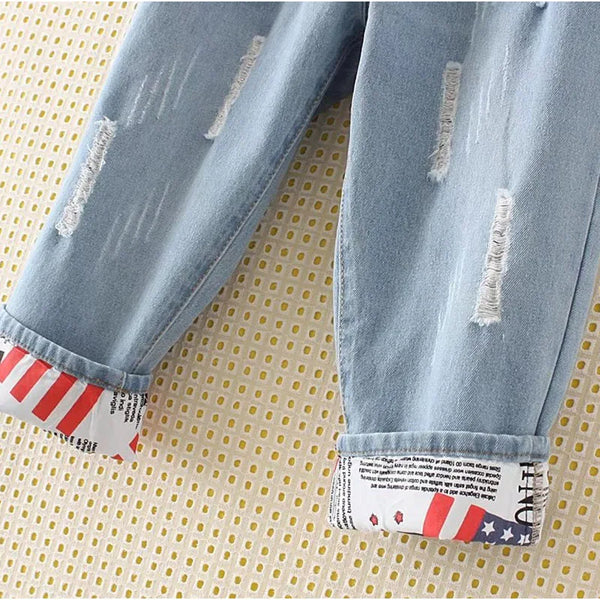 High Elastic Waist Hemming Boyfriend Loose Ripped Harem Jeans Mom Light Blue Cuffed Casual Ankle length Capris Baggy Denim Pants