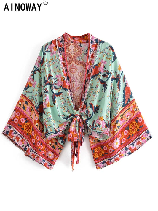 Boho Vintage Floral Print Beach Summer Short Kimono Women Fashion Ladies Casual V Neck Batwing Sleeves Bohemian Cover-ups