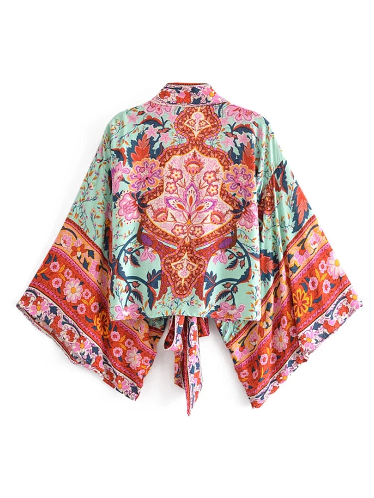 Boho Vintage Stampa floreale Spiaggia Estate Breve Kimono Donna Moda Donna Casual Scollo a V Maniche a pipistrello Copricostumi bohémien