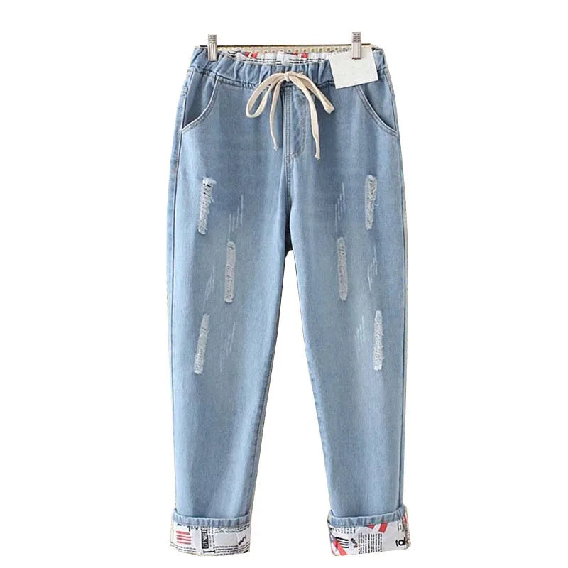 High Elastic Waist Hemming Boyfriend Loose Ripped Harem Jeans Mom Light Blue Cuffed Casual Ankle length Capris Baggy Denim Pants